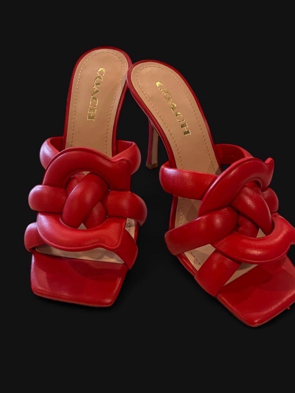 Coach Red Leather Knotted Heeled Sandals – Statement Mule Heels
